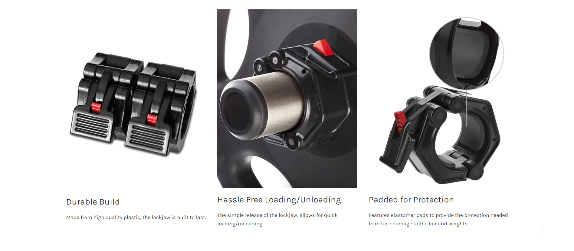 Olympic jaw lock collars with durable, padded, quick-release design